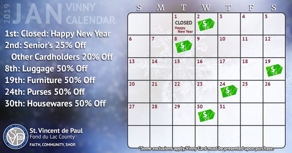January 2019 Vinny Card Calendar.