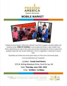 Feeding America at the Fondy Food Pantry on 6-13-19 flyer.