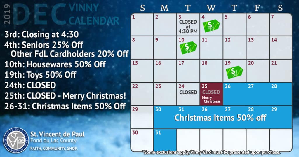 December 2019 Vinny Card Calendar.