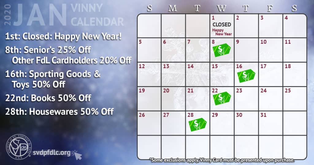 January 2020 Vinny Card Calendar.