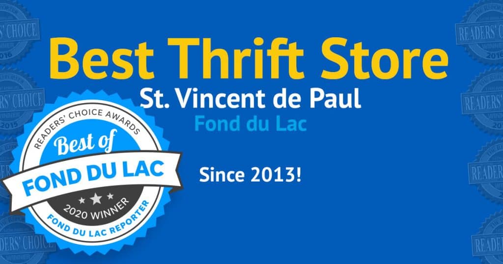 2020 winner of the Best Thrift Store in Fond du Lac award!