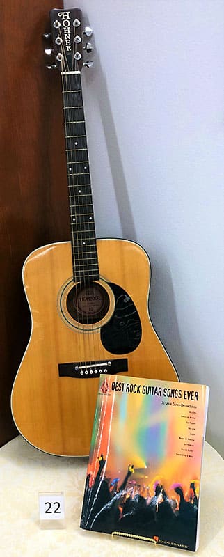 Hohner beginner acoustic guitar with rock song tablature.