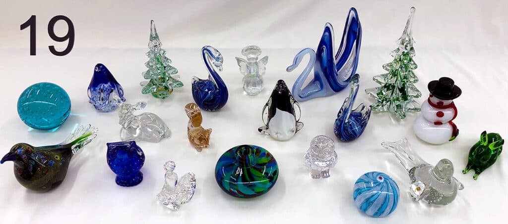 Christmas glass birds, trees, snowman and animals.