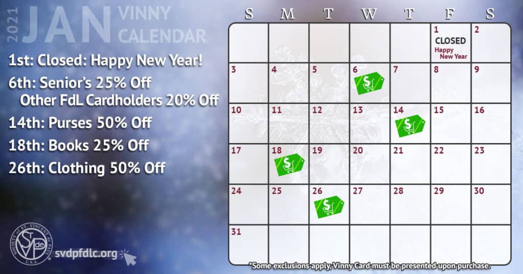 January 2021 Vinny Card Calendar.