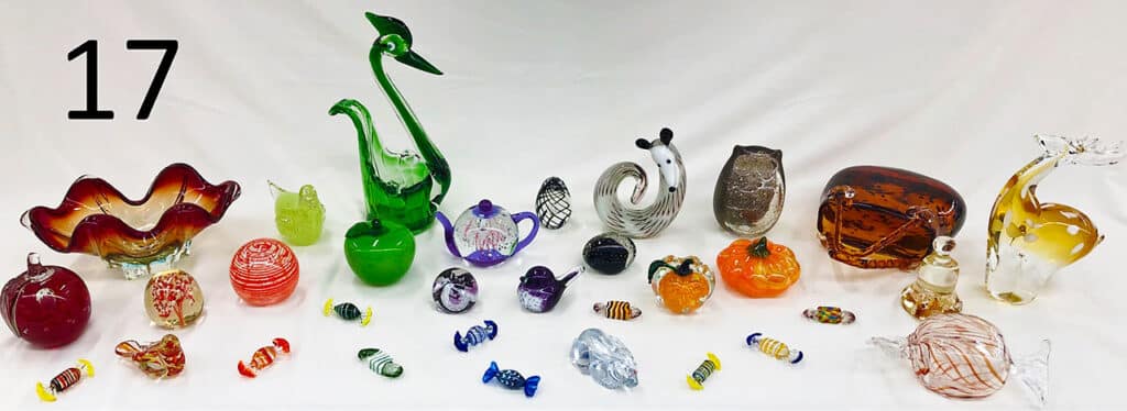 Blown glass animals and candy.