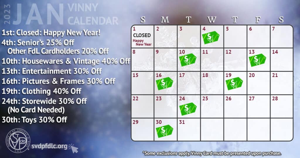 Vinny Card Calendar January 2023.