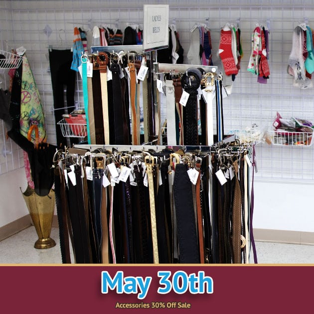 Accessories sale at SVDP in Fond du Lac. Accessories 30% Off Sale on 05/30/23.