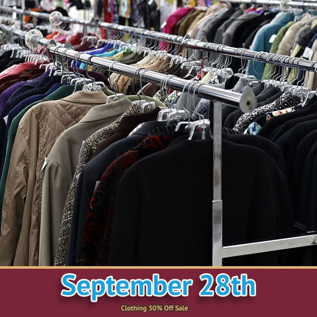 Clothing sale at SVDP in Fond du Lac. Clothing 30% Off Sale on 09/28/23.