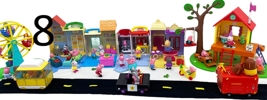 Peppa Pig house playsets, treehouse and George's fort playset, and campervan playset.