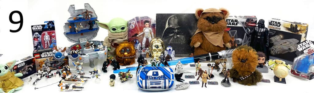Star Wars toys including Lego sets, plush dolls and Star Wars action figures.