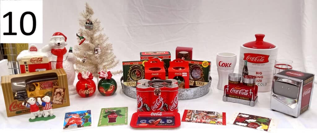 Coca cola merchandise and collectible holiday pieces.