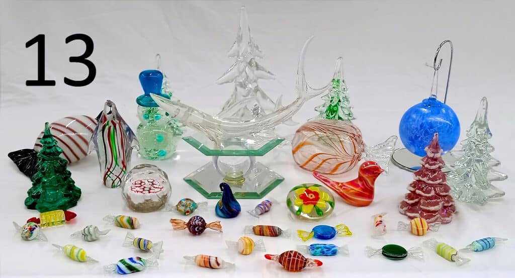 Glass art (candies and Christmas trees).