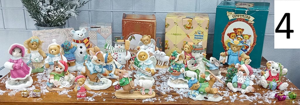 Enesco Christmas collectables including Calico Kittens, My Blushing Bunnies, and The Upstairs Downstairs Bears.