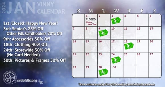 Vinny Card Calendar January 2024.