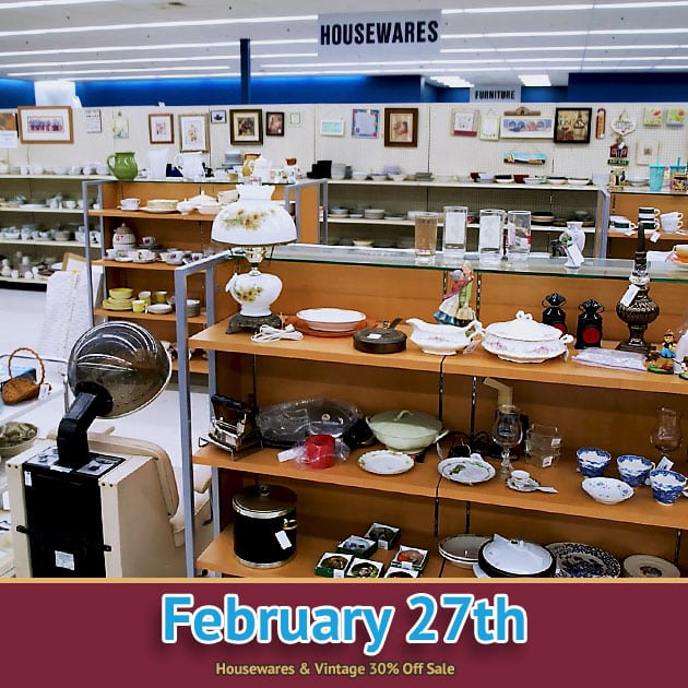 Housewares & Vintage sale at SVDP in Fond du Lac. Housewares & Vintage 30% Off Sale on 02/27/24.