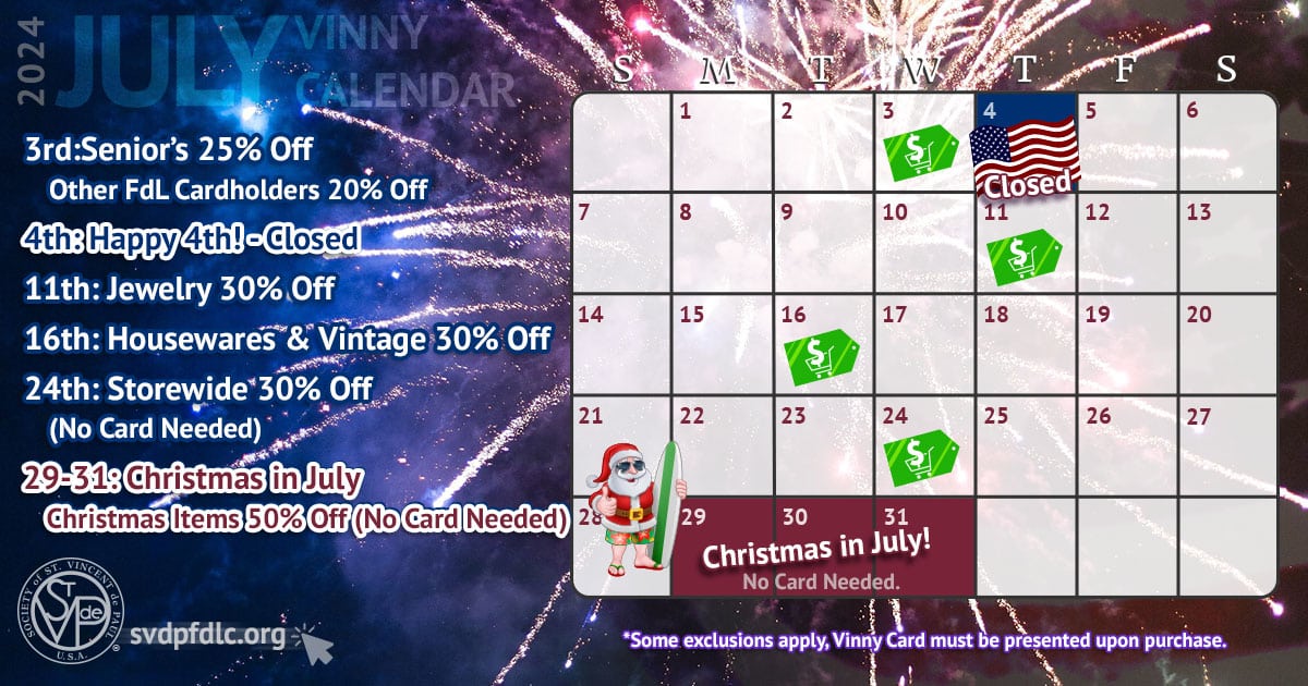 July 2024 Vinny Card Calendar Fond du Lac Sales & Events