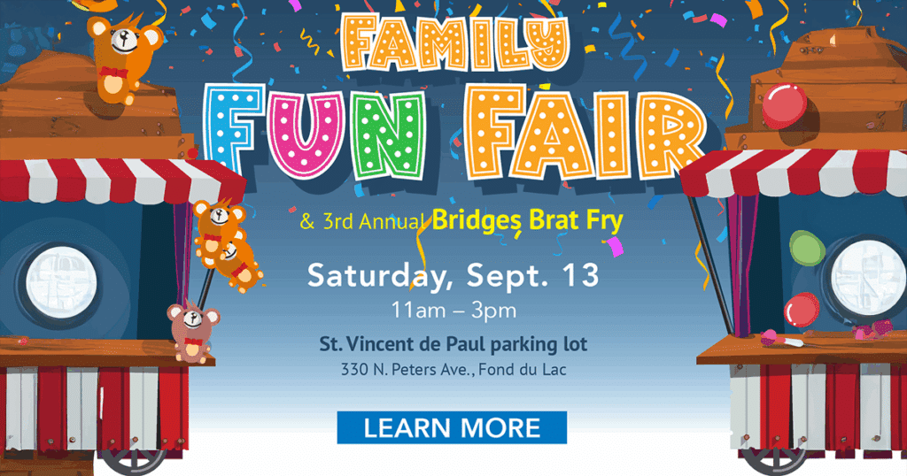 Family Fun Fair event on 09-13-2025 with Bridges Brat Fry in the St. Vincent de Paul parking lot.
