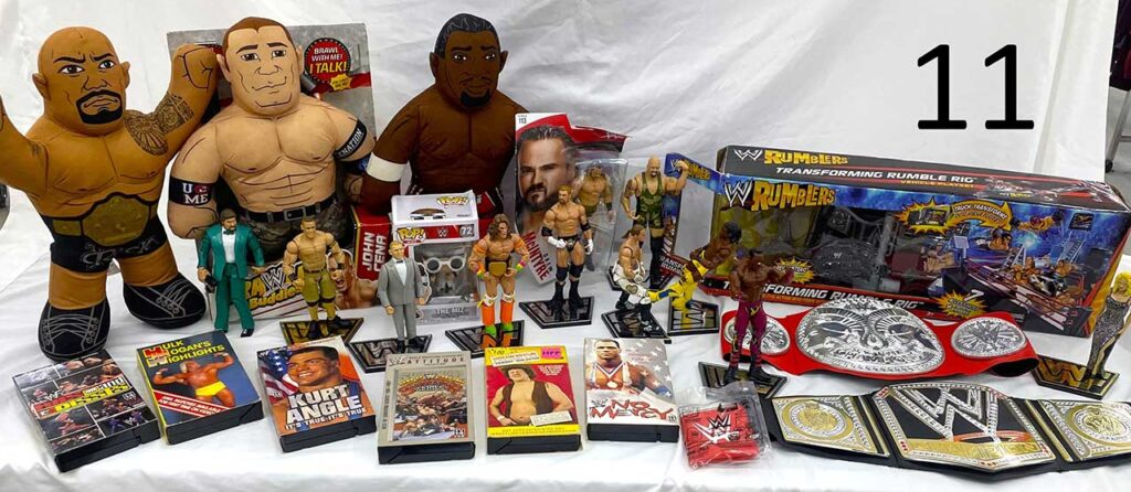 WWE action figures, WWE Funko Pop, WWE VHS tapes and WWE toy championship belts