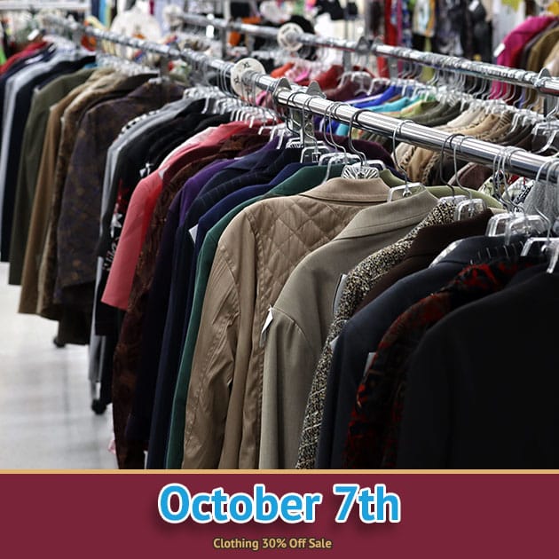Clothing sale at SVDP in Fond du Lac. Clothing 30% Off Sale on 10/07/25.