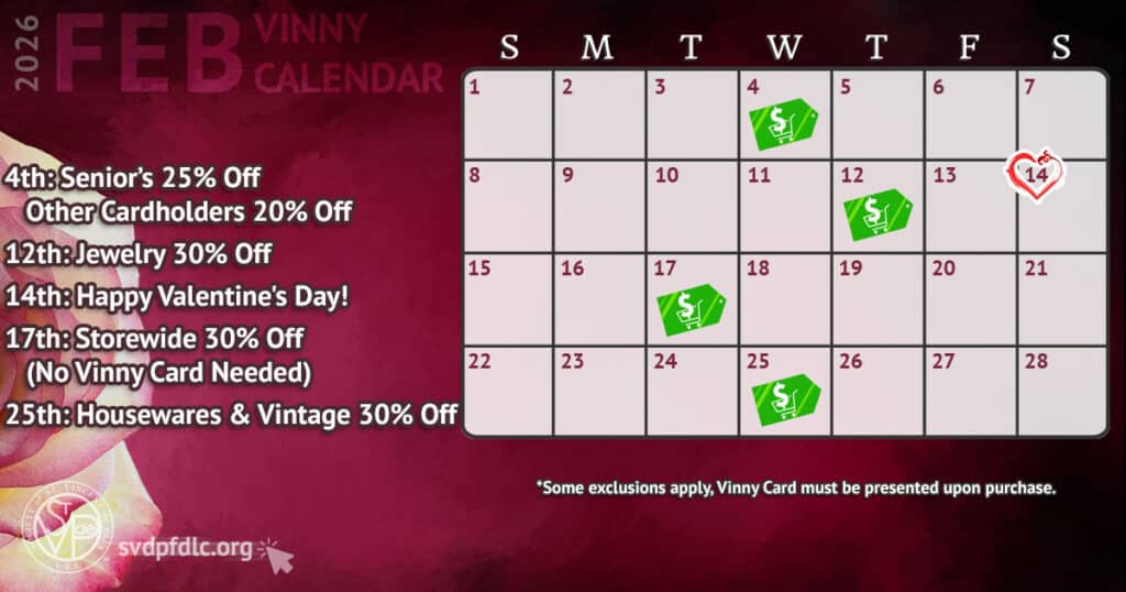 Vinny Card Calendar February 2026.