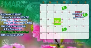 Clothing 30% Off Sale 14 Vinny Card Calendar March 2026.